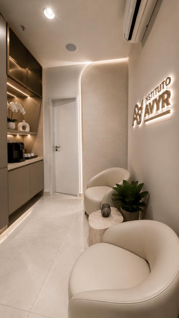 Recepção do Instituto Avyr com a logomarca iluminada na parede